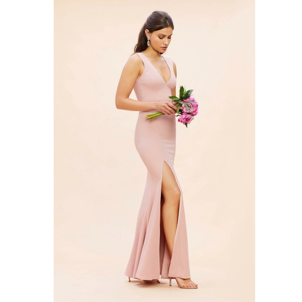 Dress the Population: Sandra Crepe Plunge V-Neck Sleeveless Side Slit Gown - Picture 4 of 8